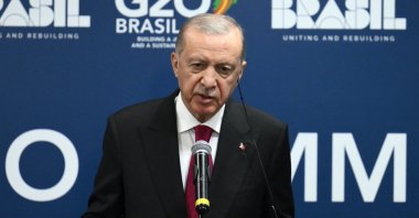 President Recep Tayyip Erdoğan gives a speech in a news conference during the G-20 leaders meeting, Rio de Janeiro, Brazil, Nov. 19, 2024. (AFP Photo)