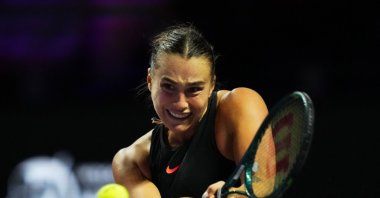 Belarus&#039; Aryna Sabalenka in action during her WTA Finals women&#039;s singles semifinal match against Coco Gauff of the U.S. at the King Saud University Indoor Arena, Riyadh, Saudi Arabia, Nov. 8, 2024. (Reuters Photo)