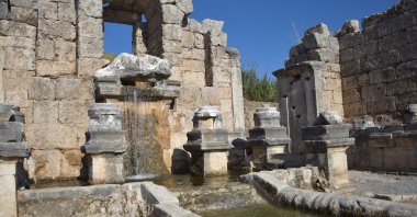 As part of Türkiye’s initiative to restore historical fountains, the 1,800-year-old Kestros Fountain has been successfully revived in Perge, Antalya, Türkiye, Nov. 19, 2024. (IHA Photo)