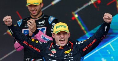 Red Bull Racing&#039;s Dutch driver Max Verstappen celebrates at the podium after winning the Formula One Sao Paulo Grand Prix, at the Jose Carlos Pace racetrack, aka Interlagos, Sao Paulo, Brazil, Nov. 3, 2024. (AFP Photo)