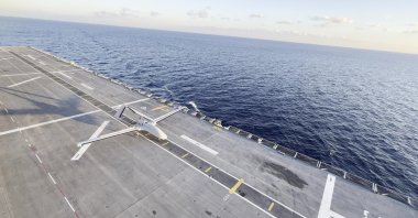 The Bayraktar TB3 combat drone is seen on board the Turkish amphibious assault ship TCG Anadolu, Nov. 19, 2024. (DHA Photo)