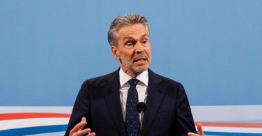 Netherlands&#039; Prime Minister Dick Schoof talks during a news conference at the Catshuis, the official residence of the Prime Minister, in the Hague, Nov. 15, 2024. (AFP Photo)