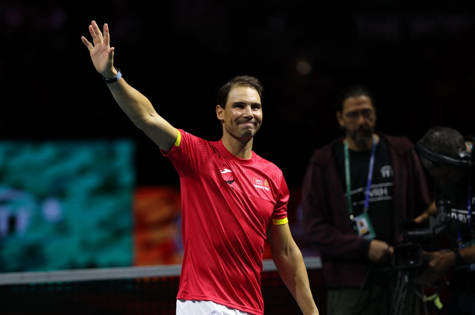 Spain&#039;s Rafael Nadal waves during a tribute to his career at the end of the quarterfinal doubles match between the Netherlands and Spain during the Davis Cup, Malaga, Spain, Nov. 19, 2024. (AFP Photo)