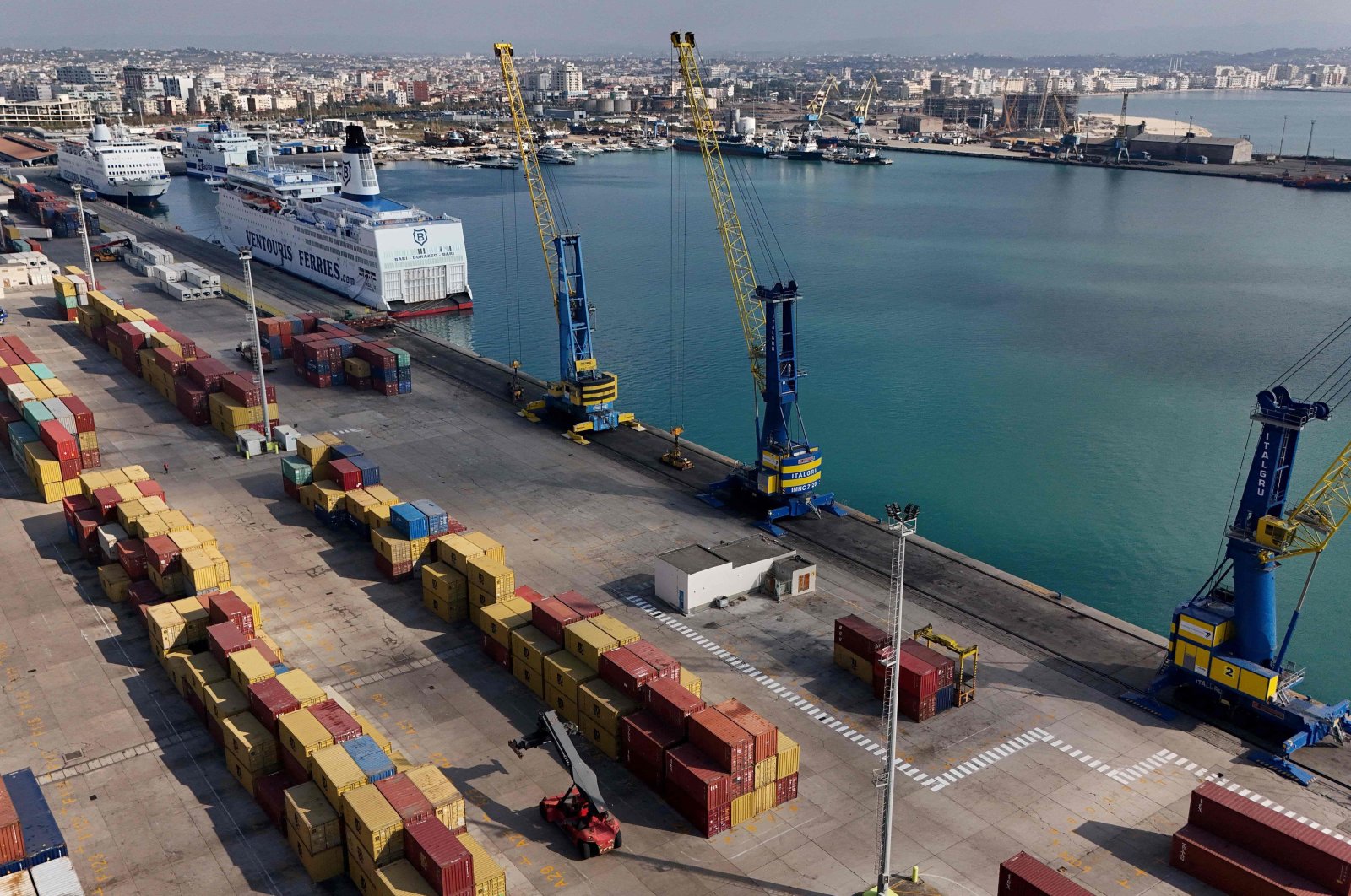 An aerial photo shows Albania&#039;s largest seaport of Durres, Albania, Oct. 28, 2024. (AFP Photo)