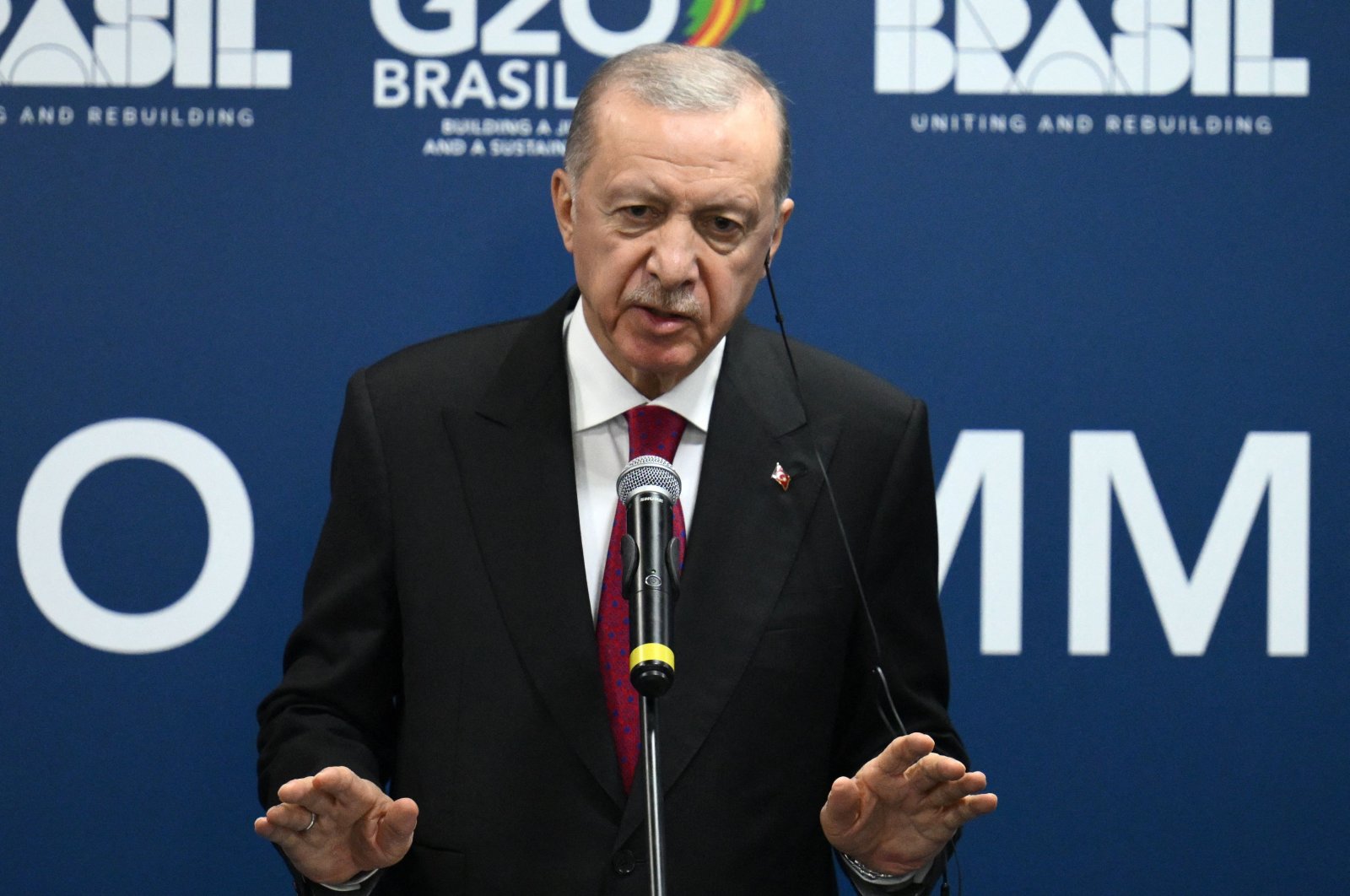 President Recep Tayyip Erdoğan gives a speech in a news conference during the G-20 leaders meeting, Rio de Janeiro, Brazil, Nov. 19, 2024. (AFP Photo)