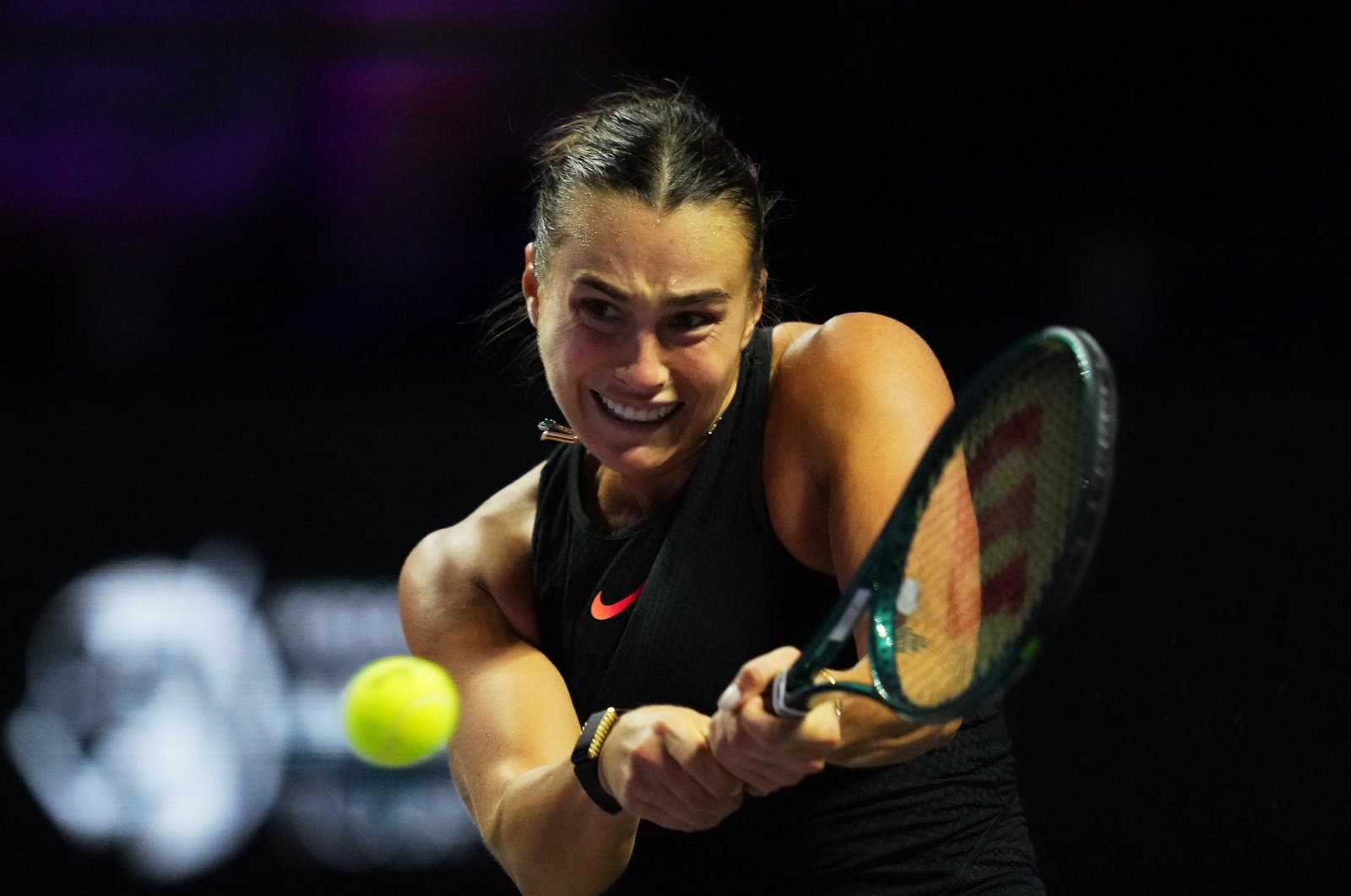 Belarus&#039; Aryna Sabalenka in action during her WTA Finals women&#039;s singles semifinal match against Coco Gauff of the U.S. at the King Saud University Indoor Arena, Riyadh, Saudi Arabia, Nov. 8, 2024. (Reuters Photo)