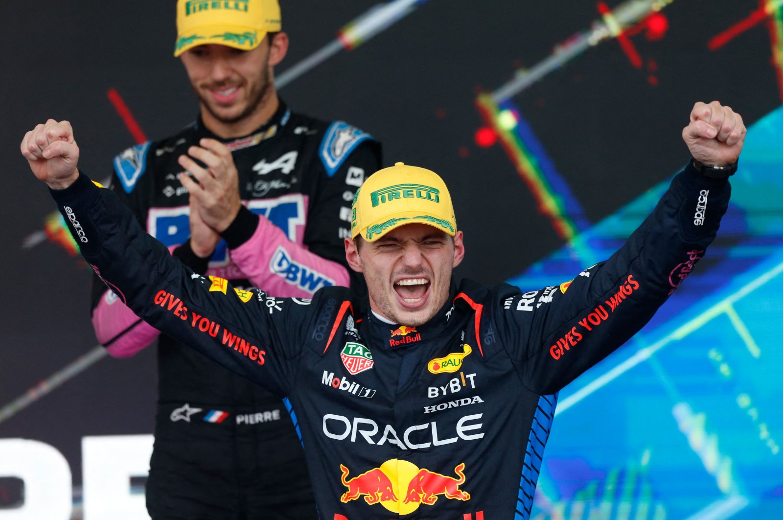 Red Bull Racing&#039;s Dutch driver Max Verstappen celebrates at the podium after winning the Formula One Sao Paulo Grand Prix, at the Jose Carlos Pace racetrack, aka Interlagos, Sao Paulo, Brazil, Nov. 3, 2024. (AFP Photo)