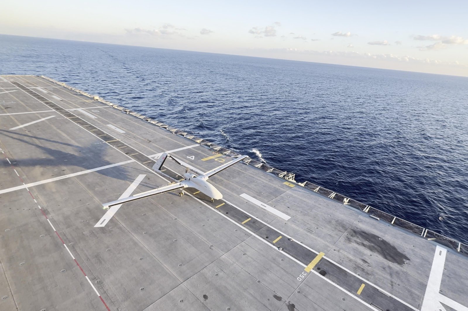 The Bayraktar TB3 combat drone is seen on board the Turkish amphibious assault ship TCG Anadolu, Nov. 19, 2024. (DHA Photo)