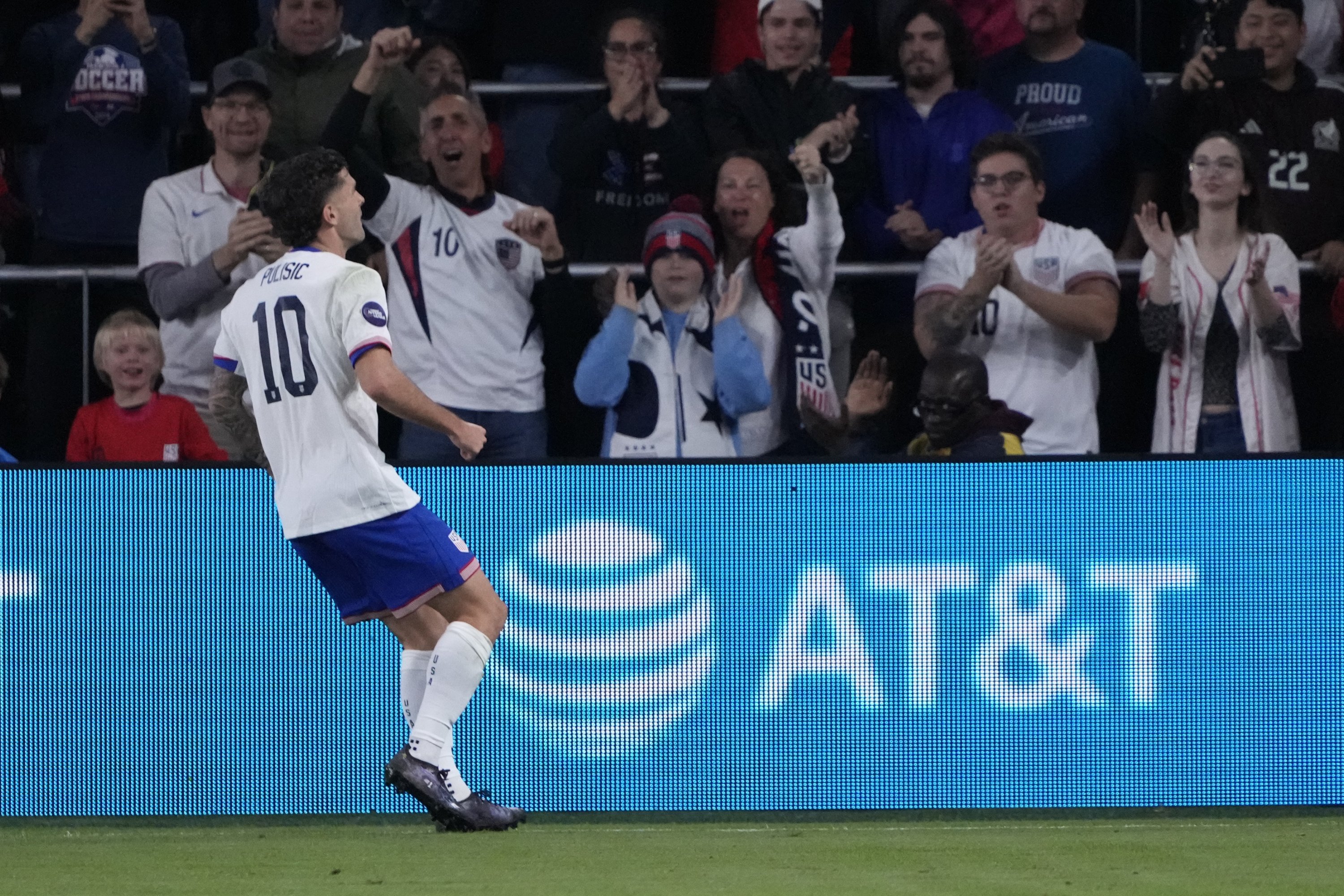 USMNT's Christian Pulisic celebrates after scoring during the first half in a CONCACAF Nations League quarterfinal second leg match against Jamaica, St. Louis, U.S., Nov. 18, 2024. (AP Photo)