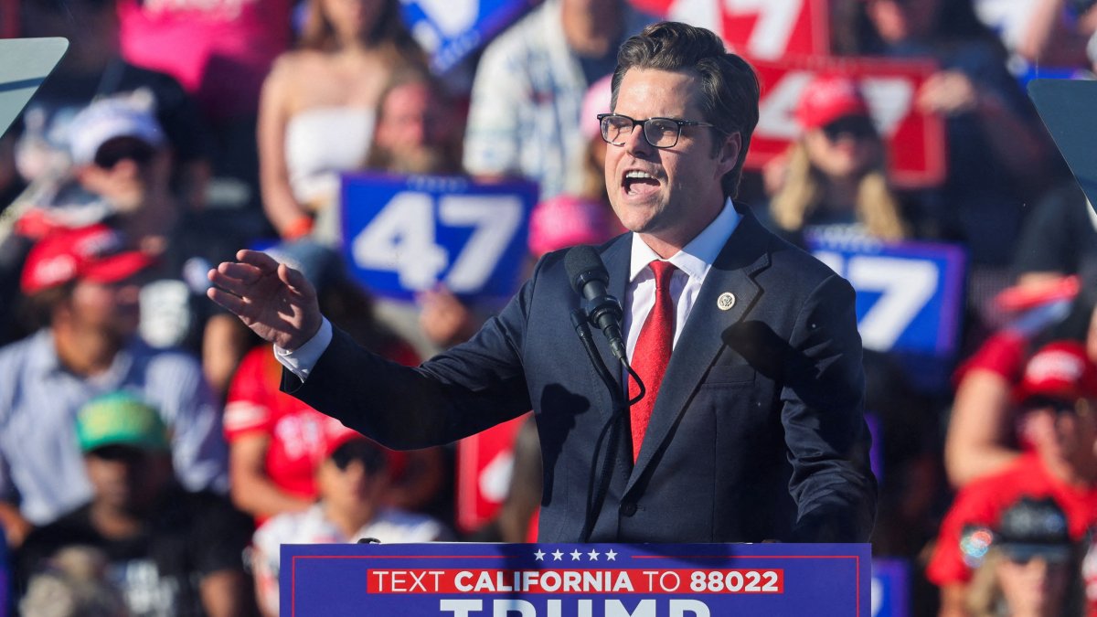 U.S. Representative Matt Gaetz (R-FL) speaks during a rally for Republican presidential nominee and former U.S. President Donald Trump, in Coachella, California, U.S., Oct. 12, 2024. (Reuters Photo)