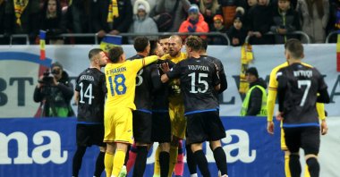 Kosovo and Romania players clash during the Nations League Group Stage match at the National Arena, Bucharest, Romania, Nov. 15, 2024. (Reuters Photo)
