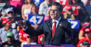 U.S. Representative Matt Gaetz (R-FL) speaks during a rally for Republican presidential nominee and former U.S. President Donald Trump, in Coachella, California, U.S., Oct. 12, 2024. (Reuters Photo)