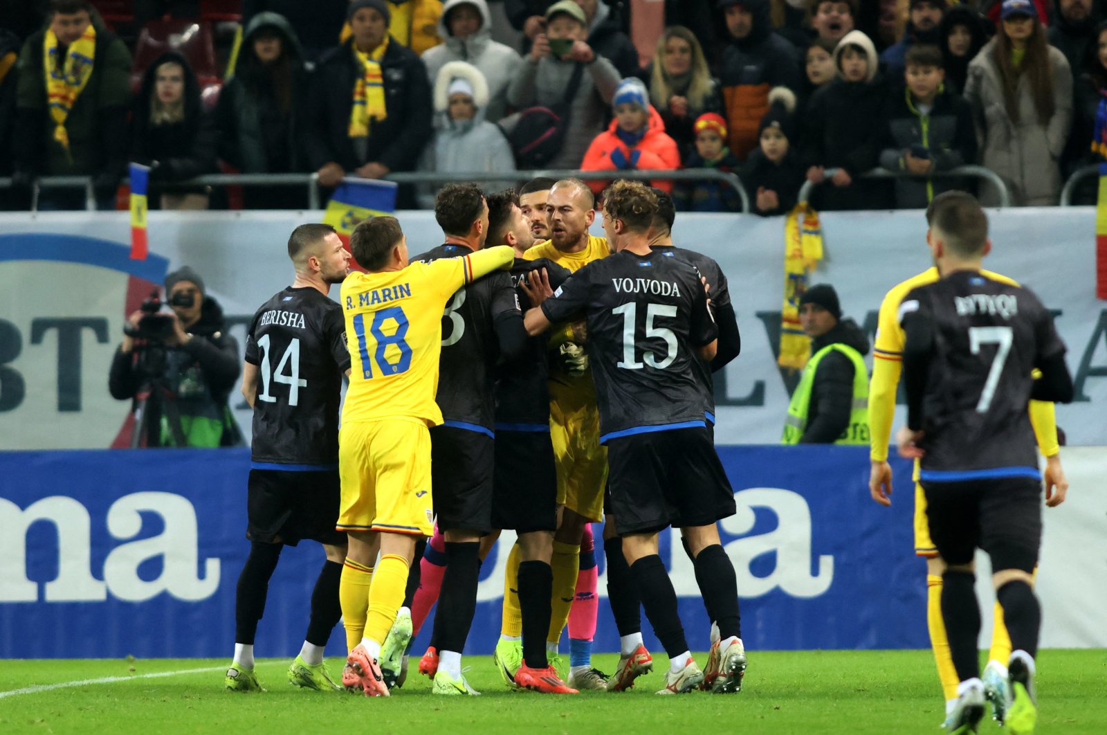 Kosovo and Romania players clash during the Nations League Group Stage match at the National Arena, Bucharest, Romania, Nov. 15, 2024. (Reuters Photo)