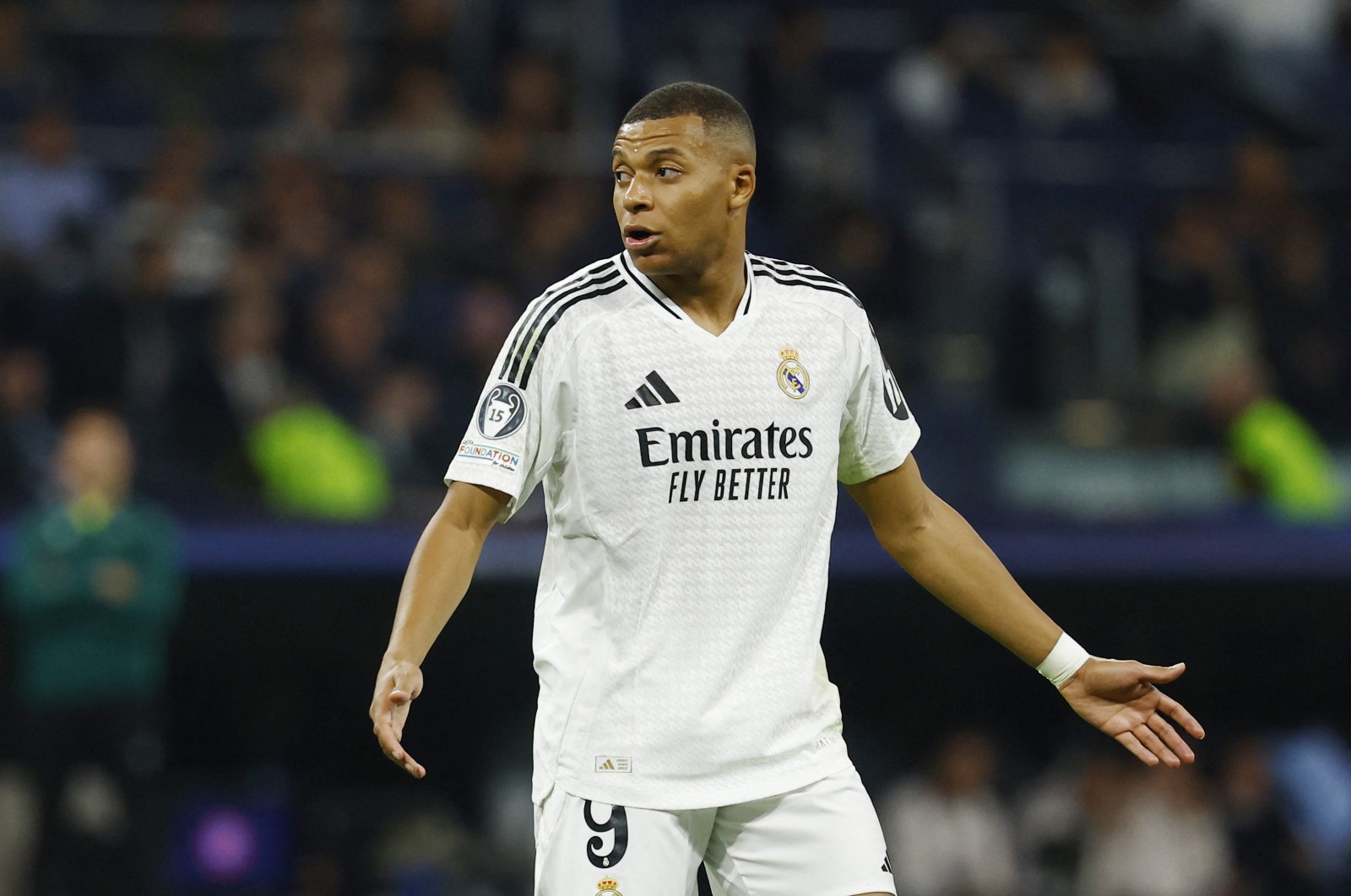 Real Madrid&#039;s Kylian Mbappe reacts during the Champions League match against AC Milan at the Santiago Bernabeu, Madrid, Spain, Nov. 5, 2024. (Reuters Photo)