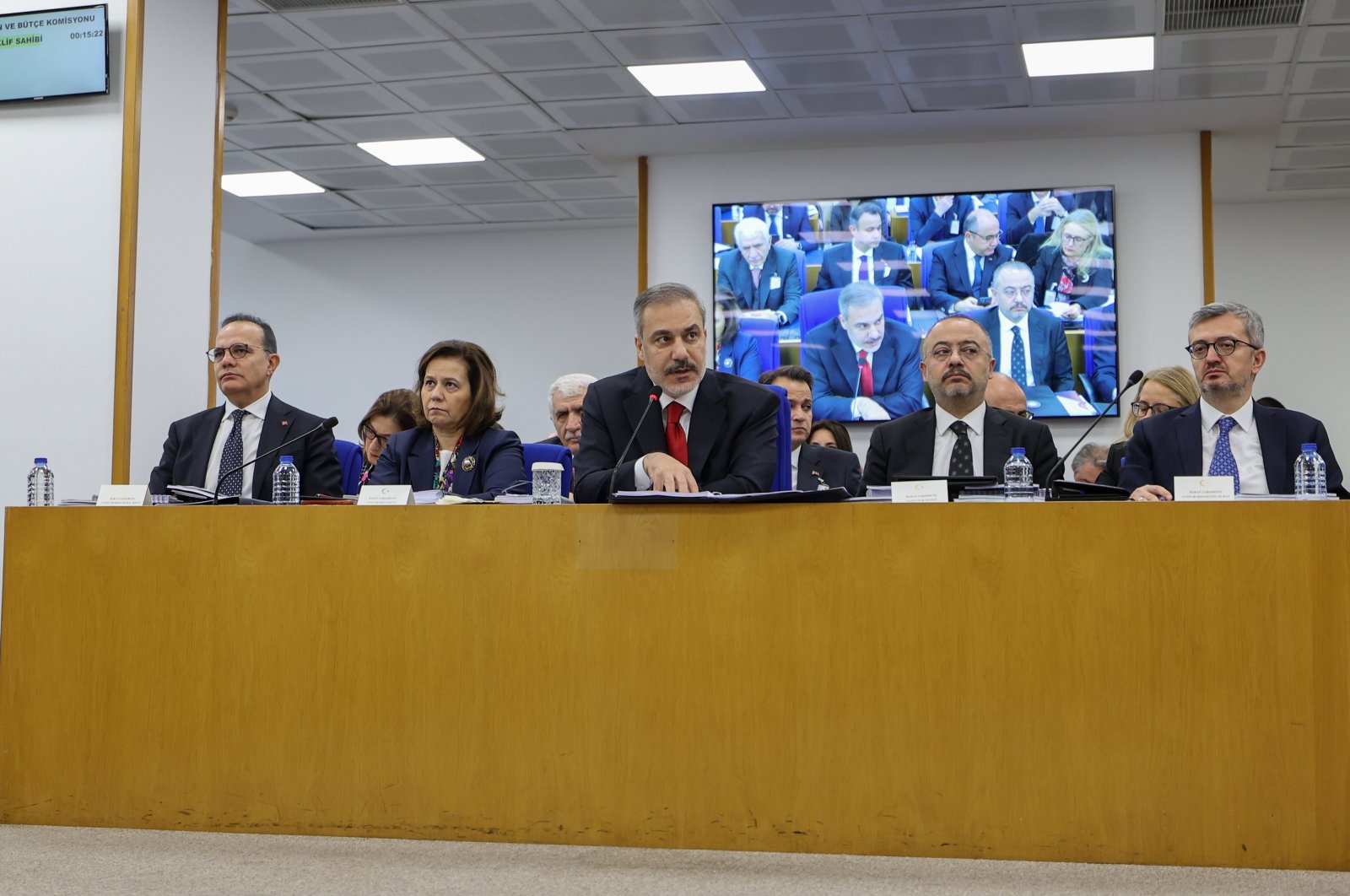 Foreign Minister Hakan Fidan (C) speaks at Parliament&#039;s budget committee meeting, Ankara, Türkiye, Nov. 21, 2024. (AA Photo)