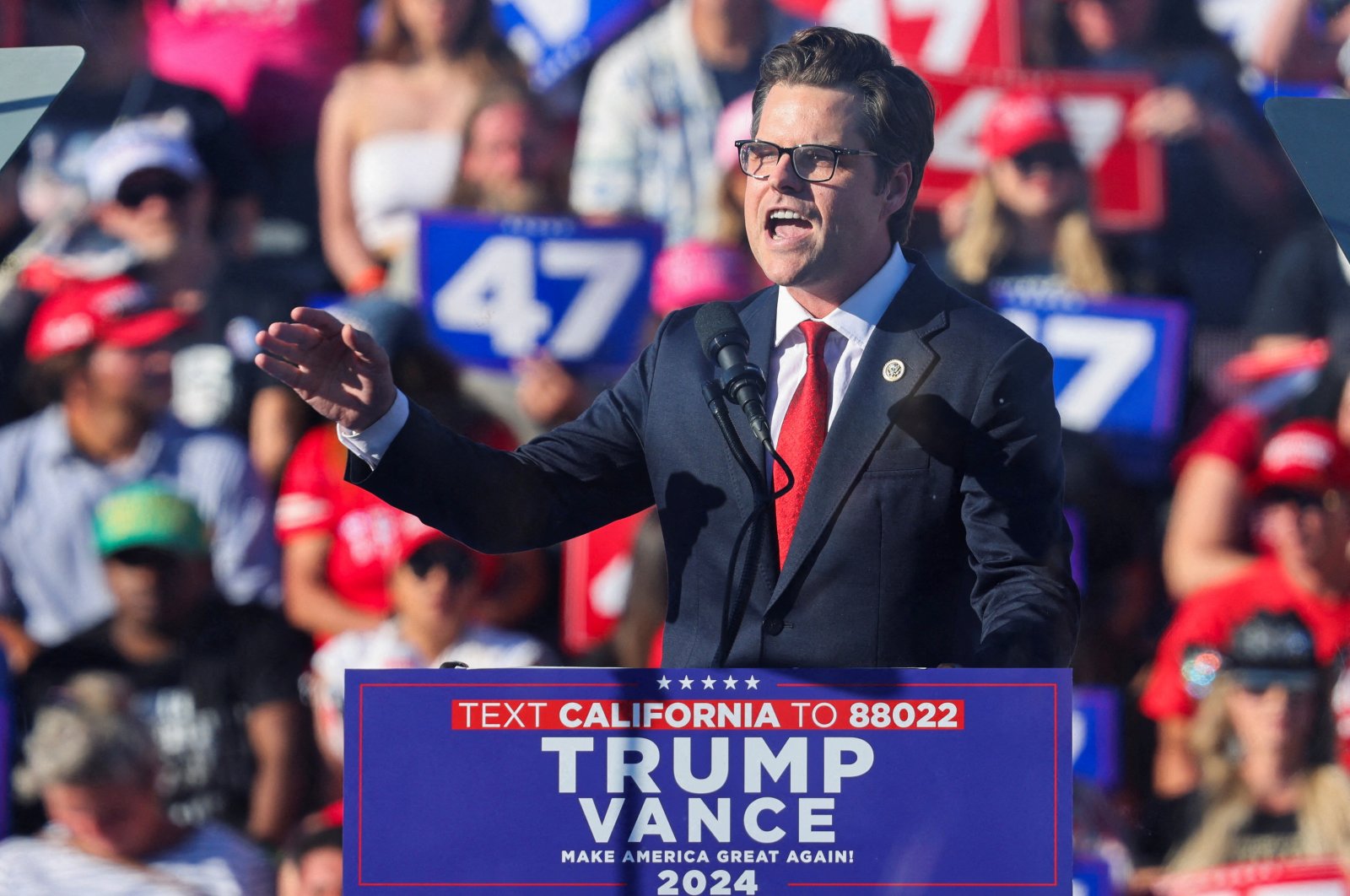 U.S. Representative Matt Gaetz (R-FL) speaks during a rally for Republican presidential nominee and former U.S. President Donald Trump, in Coachella, California, U.S., Oct. 12, 2024. (Reuters Photo)