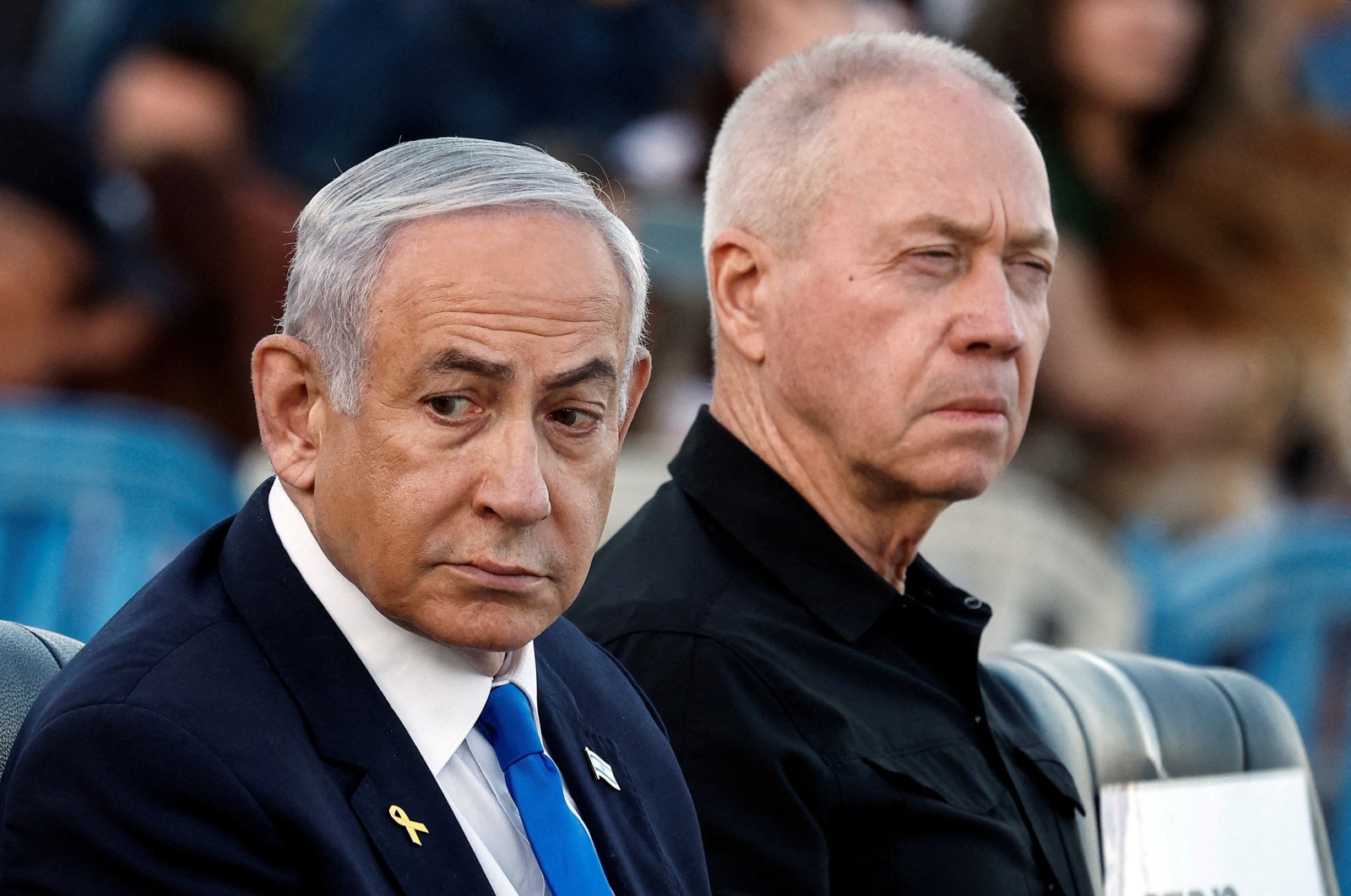 Israeli Prime Minister Benjamin Netanyahu and Israeli Defense Minister Yoav Gallant attend a ceremony for the 70th cohort of military combat officers, at an army base near Mitzpe Ramon, Israel, Oct. 31, 2024. (Reuters Photo)