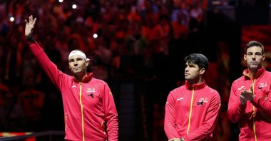 Spain's Rafael Nadal (L) waves prior to the quarterfinal singles match between Netherlands and Spain at the Davis Cup Finals, Palacio de Deportes Jose Maria Martin Carpena arena, Malaga, Spain, Nov. 19, 2024. (AFP Photo)