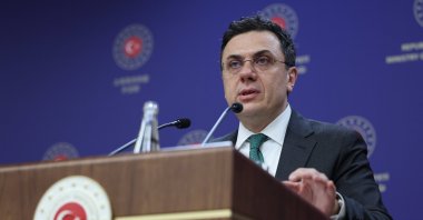 Foreign Ministry spokesman Öncü Keçeli is seen speaking to journalists at the ministry in the capital Ankara, Feb.14, 2024 (AA File Photo)