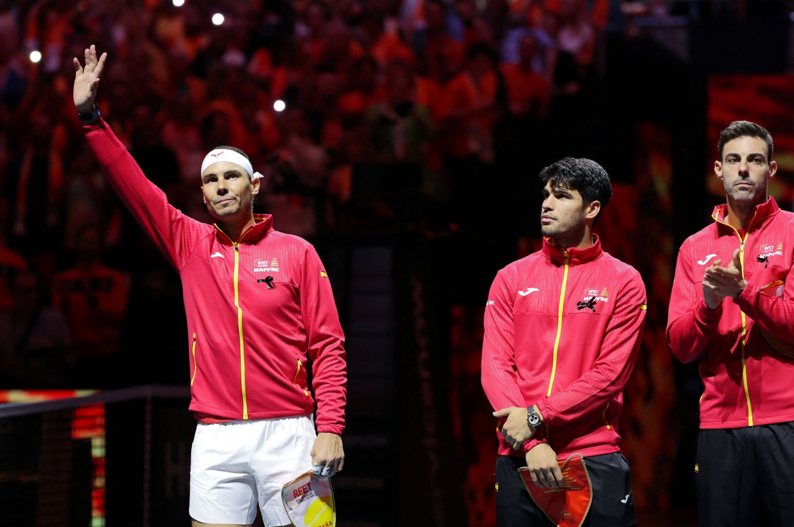 Spain&#039;s Rafael Nadal (L) waves prior to the quarterfinal singles match between Netherlands and Spain at the Davis Cup Finals, Palacio de Deportes Jose Maria Martin Carpena arena, Malaga, Spain, Nov. 19, 2024. (AFP Photo)