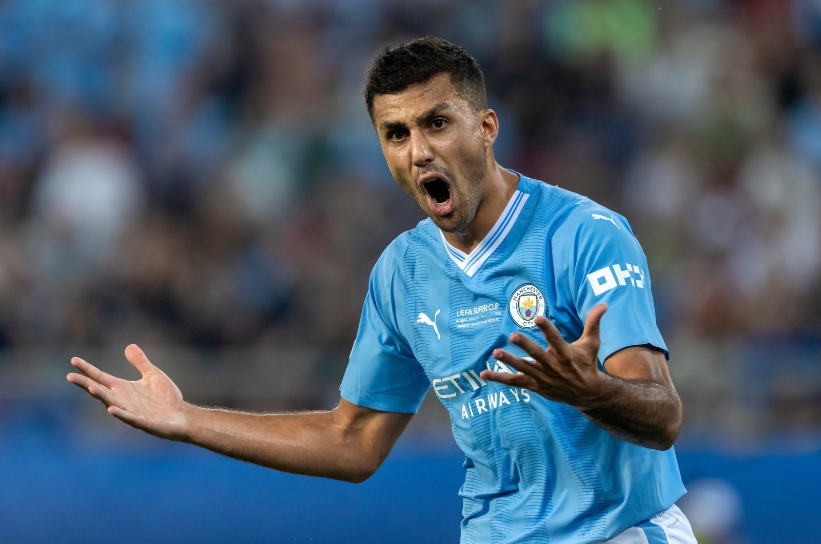 Manchester City&#039;s Rodrigo in action during the UEFA Super Cup Final match between Manchester City and Sevilla at Stadio Karaiskakis, Piraeus, Athens, Greece, Aug. 16, 2023. (Shutterstock Photo)