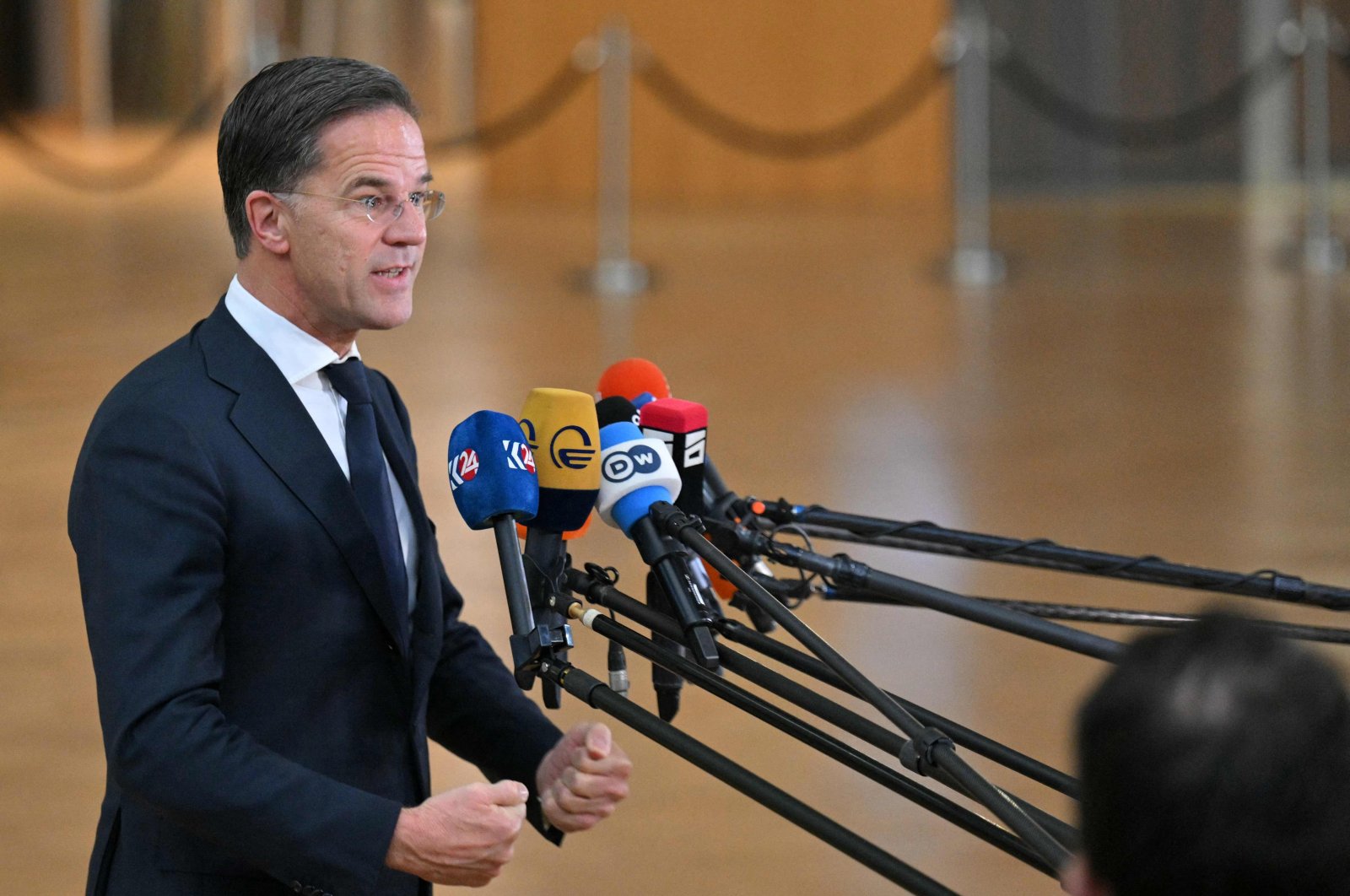 North Atlantic Treaty Organization (NATO) Secretary General Mark Rutte speaks to the press as he arrives for a meeting of EU Defence Ministers in Brussels on November 19, 2024. (Photo by NICOLAS TUCAT / AFP)