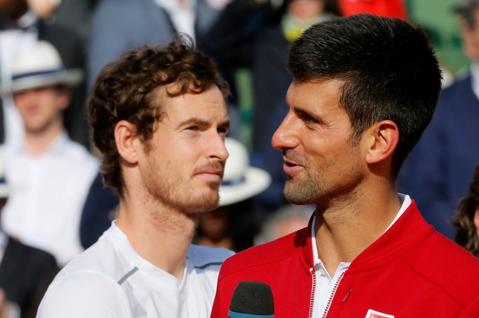 Novak Djokovic delivers a speech next to Andy Murray in Paris, France, June 5, 2016. (Reuters Photo)