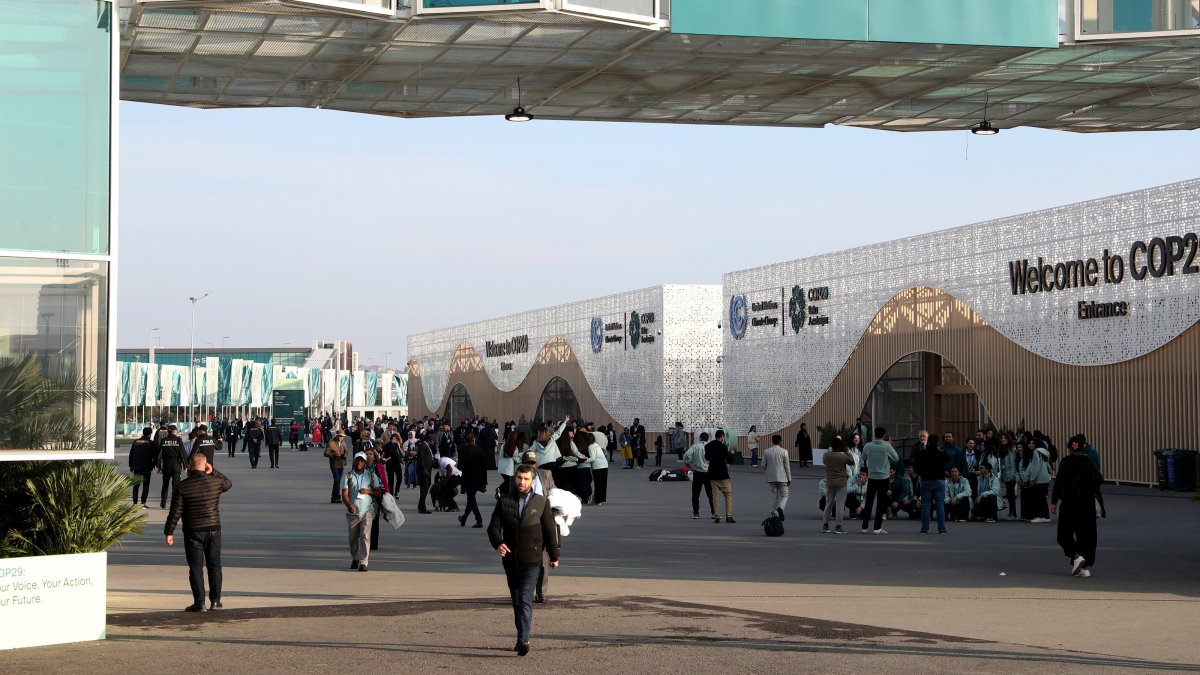 People leave the building after the end of the United Nations Climate Change Conference COP29, Baku, Azerbaijan, Nov. 22, 2024. (EPA Photo)