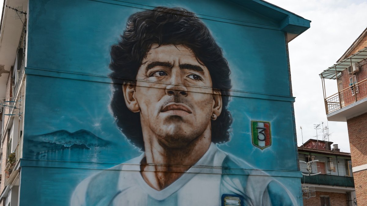 A wall mural dedicated to the late Diego Armando Maradona, Rhione Traiano, Naples, Italy, June 5, 2023. (Getty Images Photo)