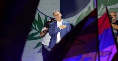 Candidate of the Frente Amplio, Yamandu Orsi, celebrates the victory after winning the Presidential election in Montevideo, Uruguay, Nov. 24, 2024. (EPA Photo)