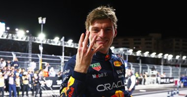 Red Bull&#039;s Max Verstappen celebrates after winning the 2024 F1 world championship title at the Las Vegas Grand Prix, Las Vegas Strip Circuit, Las Vegas, Nevada, U.S., Nov. 24, 2024. (AA Photo)