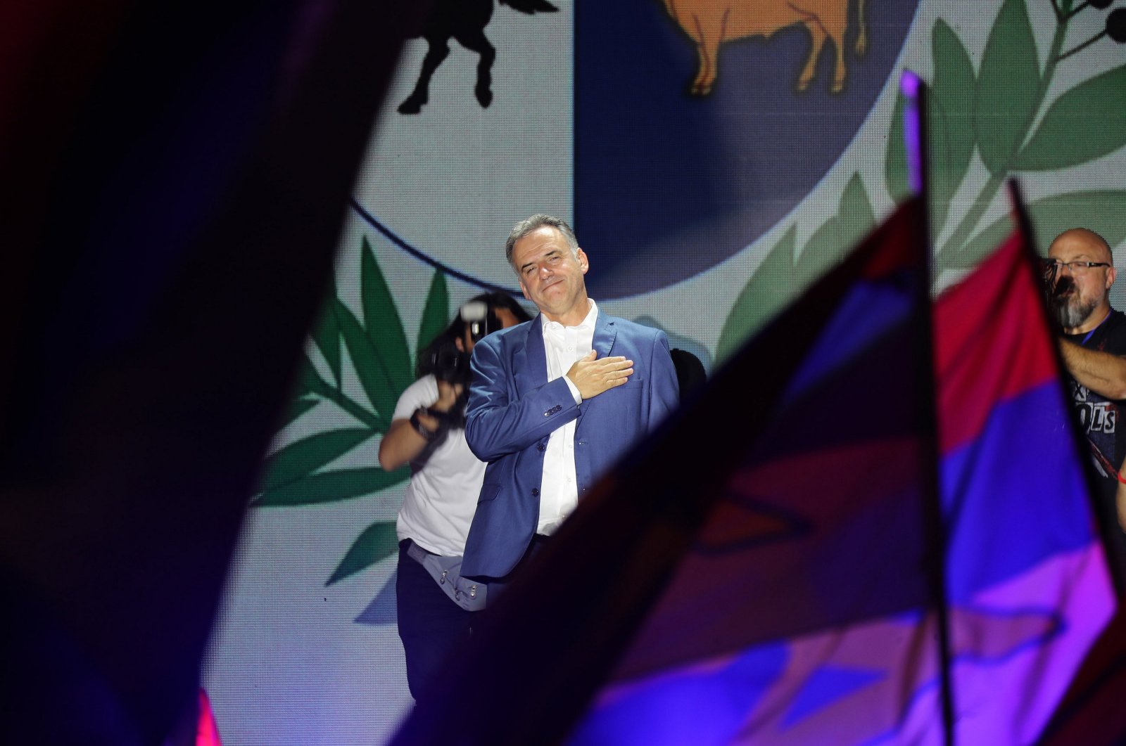 Candidate of the Frente Amplio, Yamandu Orsi, celebrates the victory after winning the Presidential election in Montevideo, Uruguay, Nov. 24, 2024. (EPA Photo)