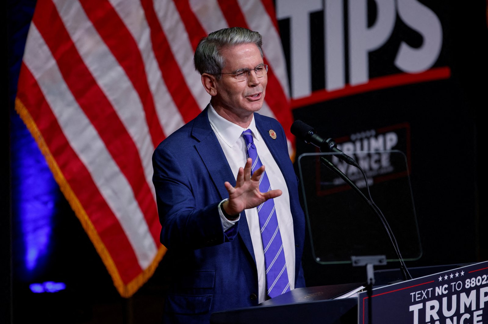 Key Square Group founder Scott Bessent speaks at a campaign event for Republican presidential nominee and former U.S. President Donald Trump in Asheville, North Carolina, U.S., Aug. 14, 2024. (Reuters Photo)