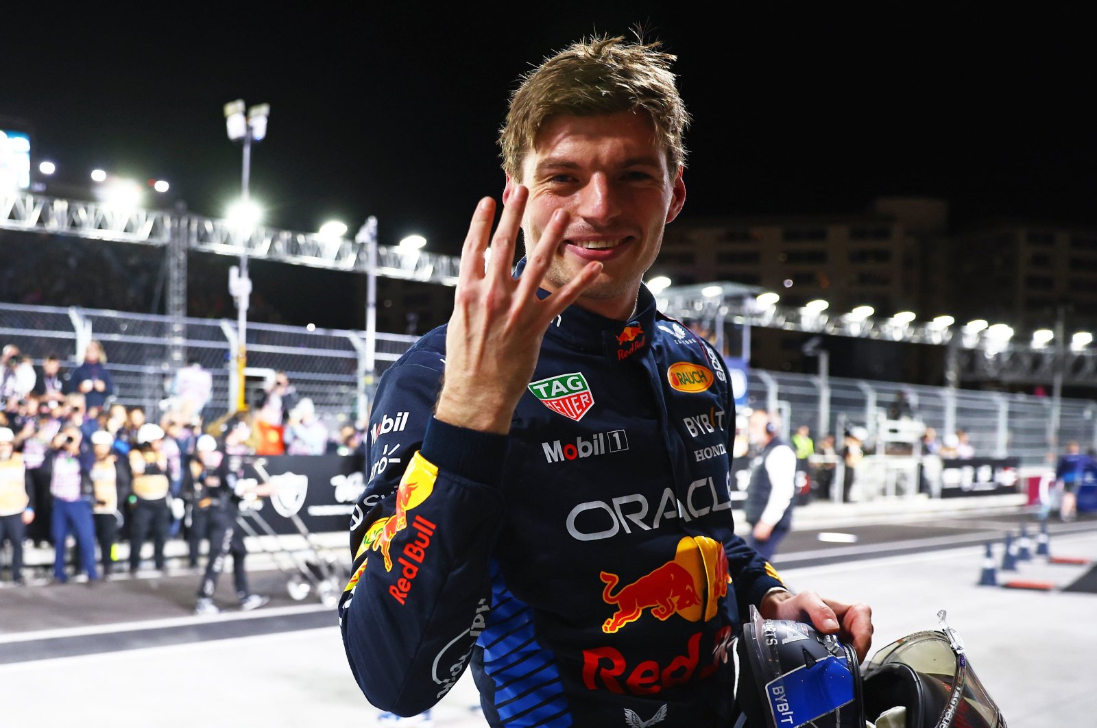 Red Bull&#039;s Max Verstappen celebrates after winning the 2024 F1 world championship title at the Las Vegas Grand Prix, Las Vegas Strip Circuit, Las Vegas, Nevada, U.S., Nov. 24, 2024. (AA Photo)