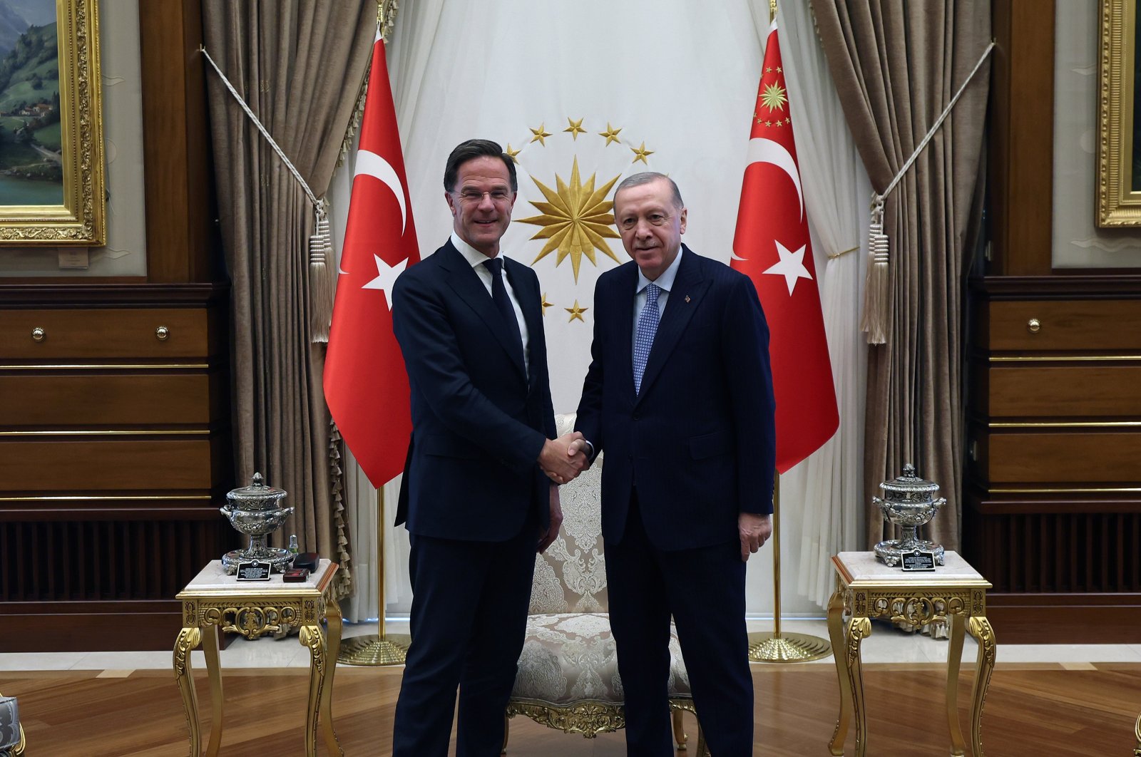 NATO Secretary-General Mark Rutte (L) meets with President Recep Tayyip Erdoğan at the presidential complex in the capital Ankara, Türkiye, Nov. 25, 2024. (AA Photo)