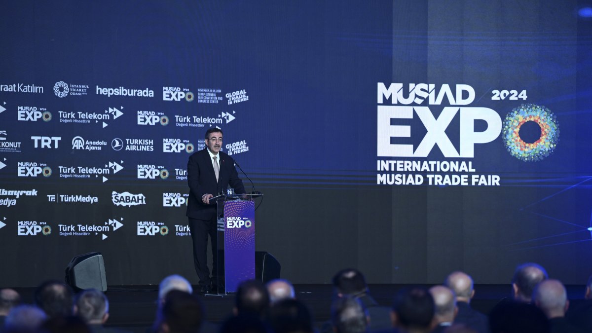 Vice President Cevdet Yılmaz speaks during the MÜSIAD EXPO 2024 International Trade Fair, Istanbul, Türkiye, Nov. 26, 2024. (AA Photo)