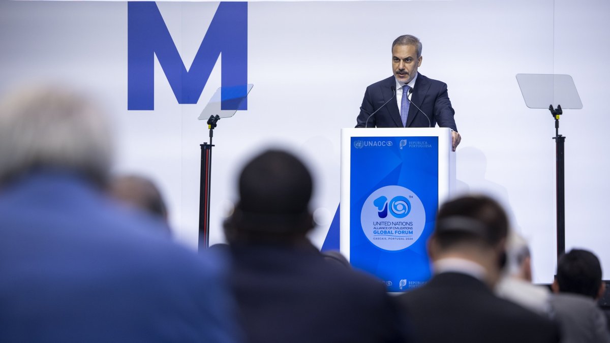 Foreign Minister Hakan Fidan delivers a speech during the 10th Global Forum of the United Nations Alliance of Civilizations, Cascais, Portugal, Nov. 26, 2024. (EPA Photo)