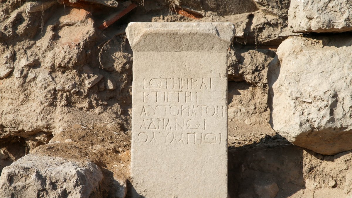 Plaque dedicated to the famed Roman Emperor Hadrian found in the ancient city of Blaundos in Uşak, Türkiye. (AA Photo)