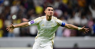 Al-Nassr&#039;s Cristiano Ronaldo celebrates scoring during the Asian Champions League, Group B match against Al Gharafa at the Al Bayt Stadium, al-Khor, Qatar, Nov. 25, 2024. (AA Photo)