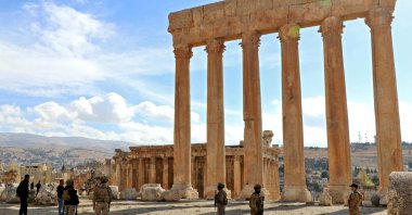 Lebanese army soldiers stand guard in front of the six columns of the Temple of Jupiter at the Roman citadel of Baalbek, in the Bekaa Valley, Lebanon, Nov. 21, 2024. (AFP Photo)