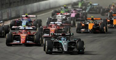 Mercedes driver George Russell leads the field during the F1 Las Vegas Grand Prix auto race, Las Vegas, U.S., Nov. 24, 2024. (AP Photo)