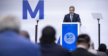 Foreign Minister Hakan Fidan delivers a speech during the 10th Global Forum of the United Nations Alliance of Civilizations, Cascais, Portugal, Nov. 26, 2024. (EPA Photo)