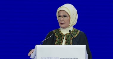 First lady Emine Erdoğan speaks at the Global Women’s Forum in Dubai, UAE, Nov. 26, 2024. (AA Photo)