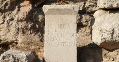 Plaque dedicated to the famed Roman Emperor Hadrian found in the ancient city of Blaundos in Uşak, Türkiye. (AA Photo)