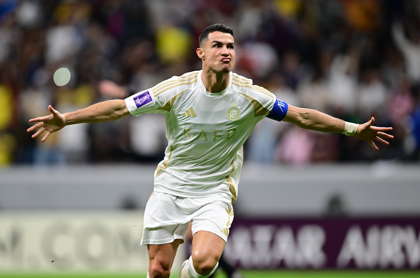 Al-Nassr&#039;s Cristiano Ronaldo celebrates scoring during the Asian Champions League, Group B match against Al Gharafa at the Al Bayt Stadium, al-Khor, Qatar, Nov. 25, 2024. (AA Photo)