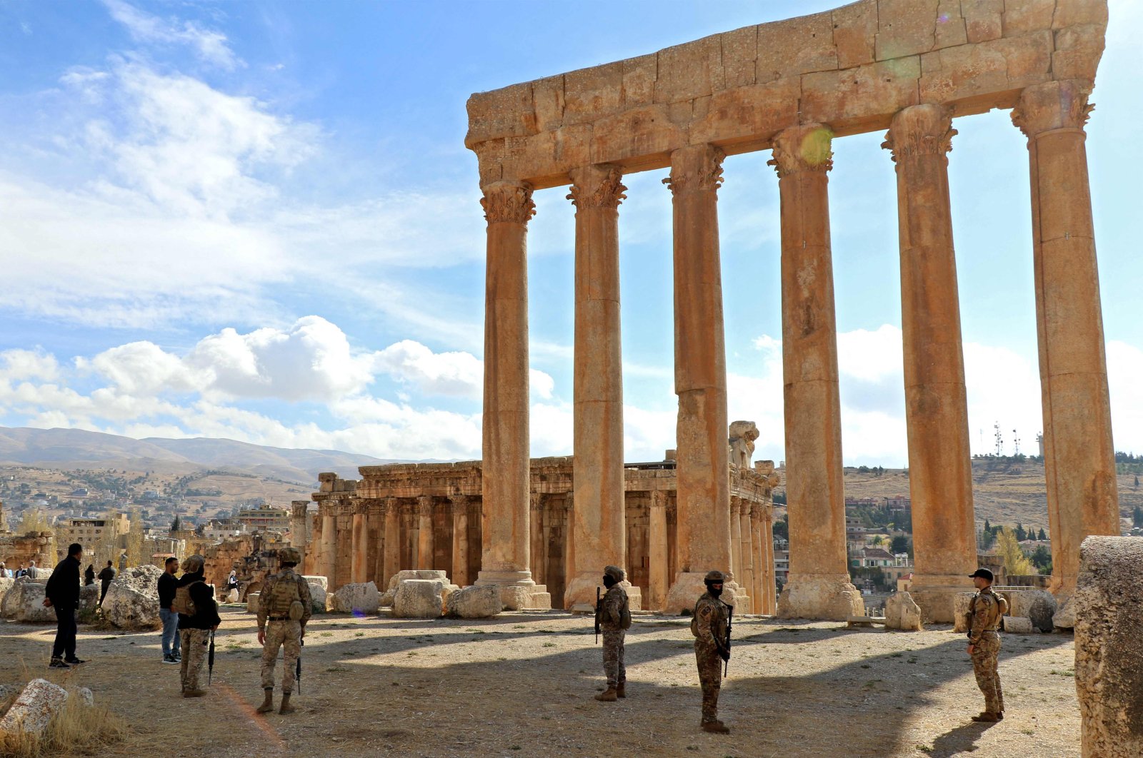 Lebanese army soldiers stand guard in front of the six columns of the Temple of Jupiter at the Roman citadel of Baalbek, in the Bekaa Valley, Lebanon, Nov. 21, 2024. (AFP Photo)