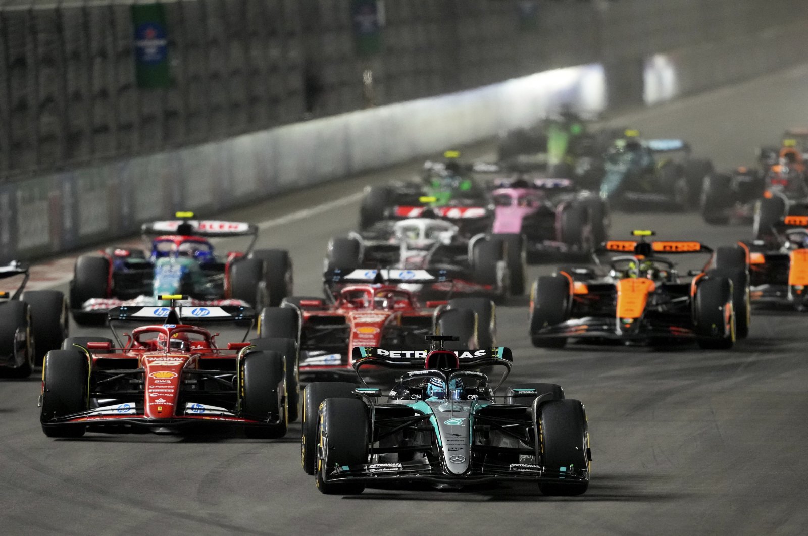 Mercedes driver George Russell leads the field during the F1 Las Vegas Grand Prix auto race, Las Vegas, U.S., Nov. 24, 2024. (AP Photo)