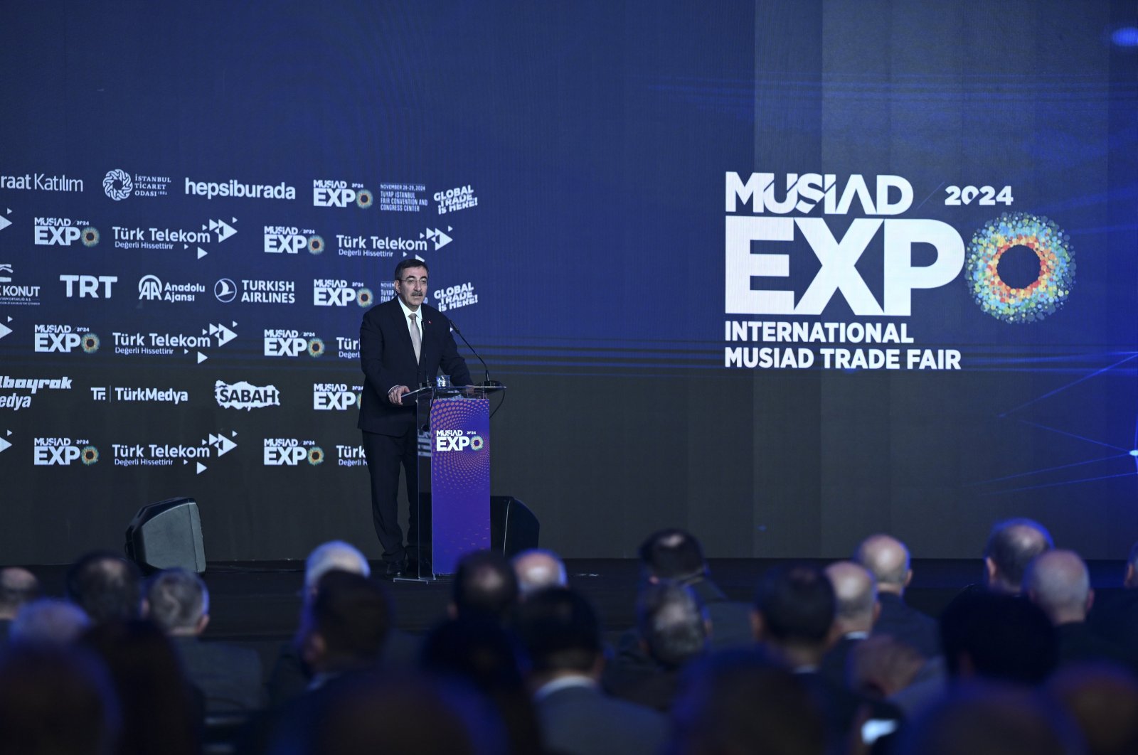 Vice President Cevdet Yılmaz speaks during the MÜSIAD EXPO 2024 International Trade Fair, Istanbul, Türkiye, Nov. 26, 2024. (AA Photo)