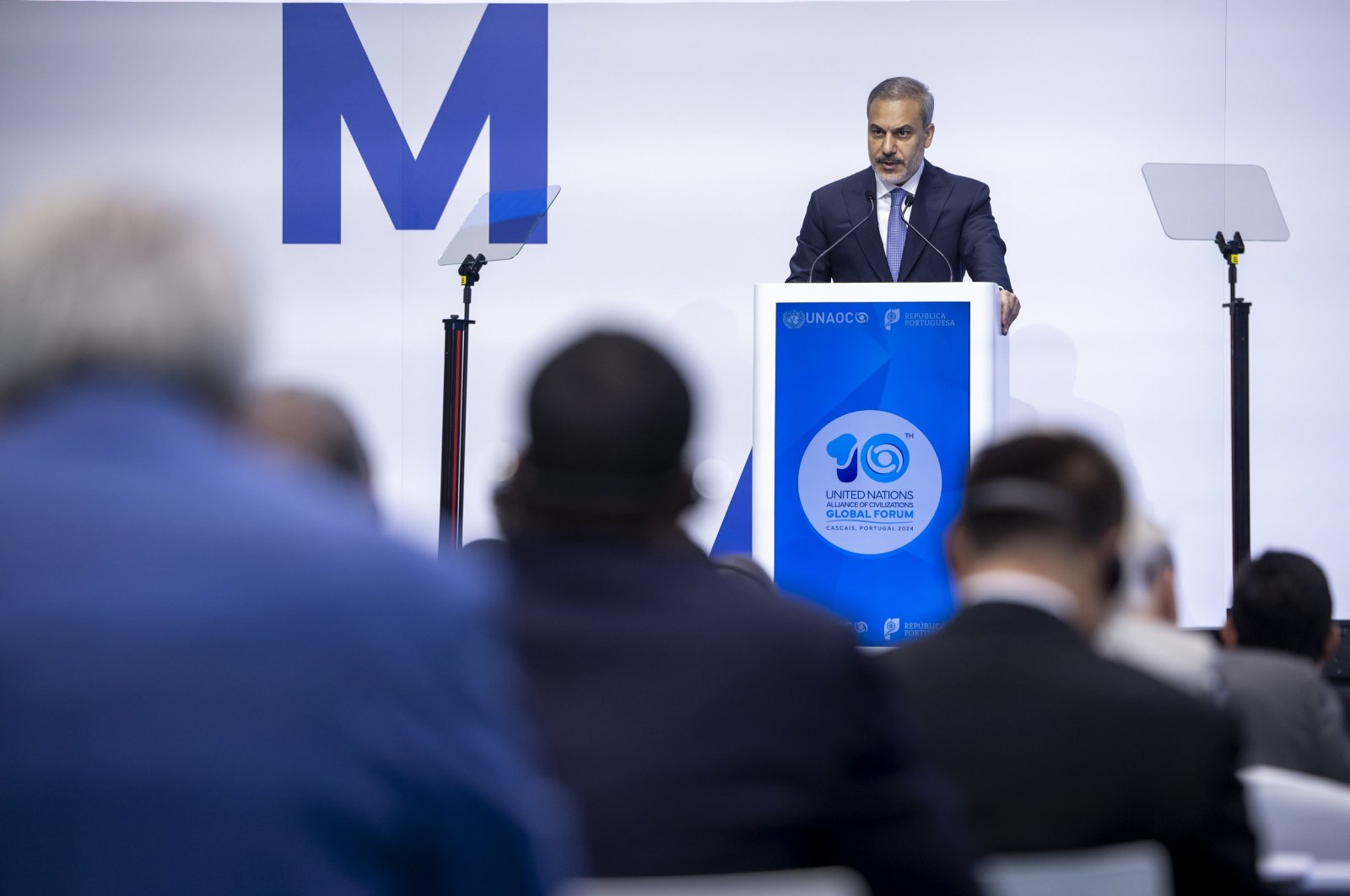 Foreign Minister Hakan Fidan delivers a speech during the 10th Global Forum of the United Nations Alliance of Civilizations, Cascais, Portugal, Nov. 26, 2024. (EPA Photo)