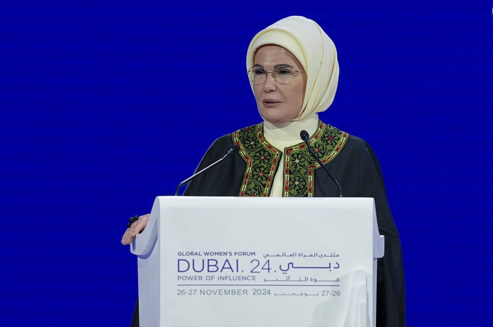 First lady Emine Erdoğan speaks at the Global Women’s Forum in Dubai, UAE, Nov. 26, 2024. (AA Photo)